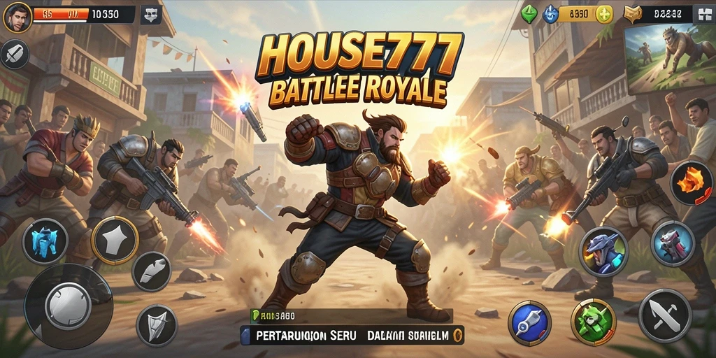 Screenshot HOUSE777 menampilkan aksi pertarungan seru di arena Battle Royale.