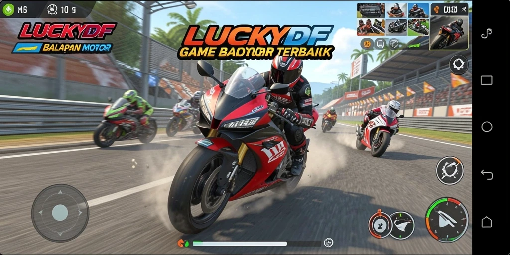 Gameplay seru LUCKYDF dengan balapan motor yang mendebarkan.