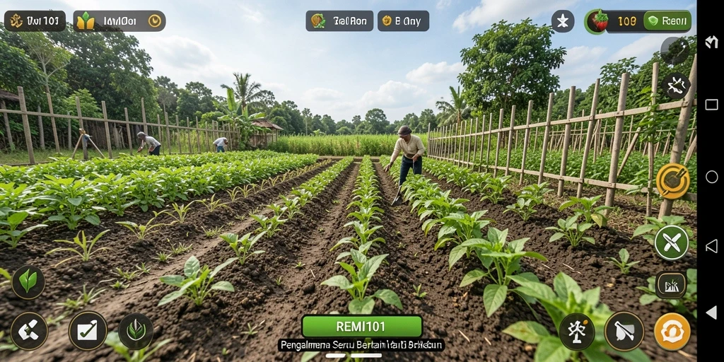 Tangkapan layar gameplay <strong>REMI101</strong> menampilkan aktivitas pertanian yang seru dan interaktif.