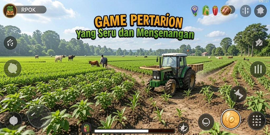 Tangkapan layar utama RPOK menampilkan aksi bertani yang seru dan interaktif.
