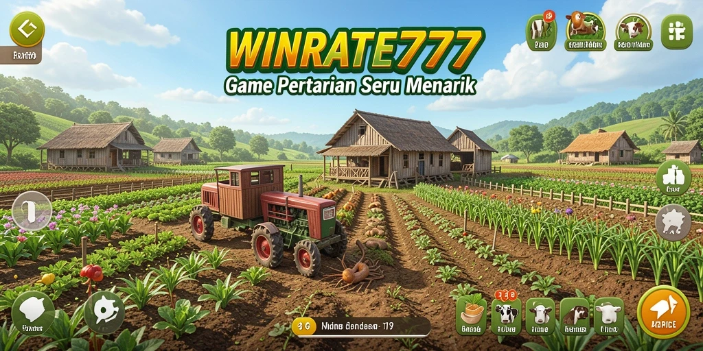 Screenshot gameplay WINRATE777 yang menunjukkan suasana pertanian yang cerah.